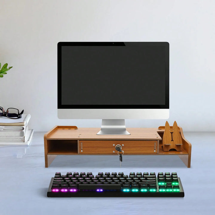 Monitor Stand With Lockable Drawer,Computer Desk Organizer With Mobile Phone Holder For Laptop,Computer