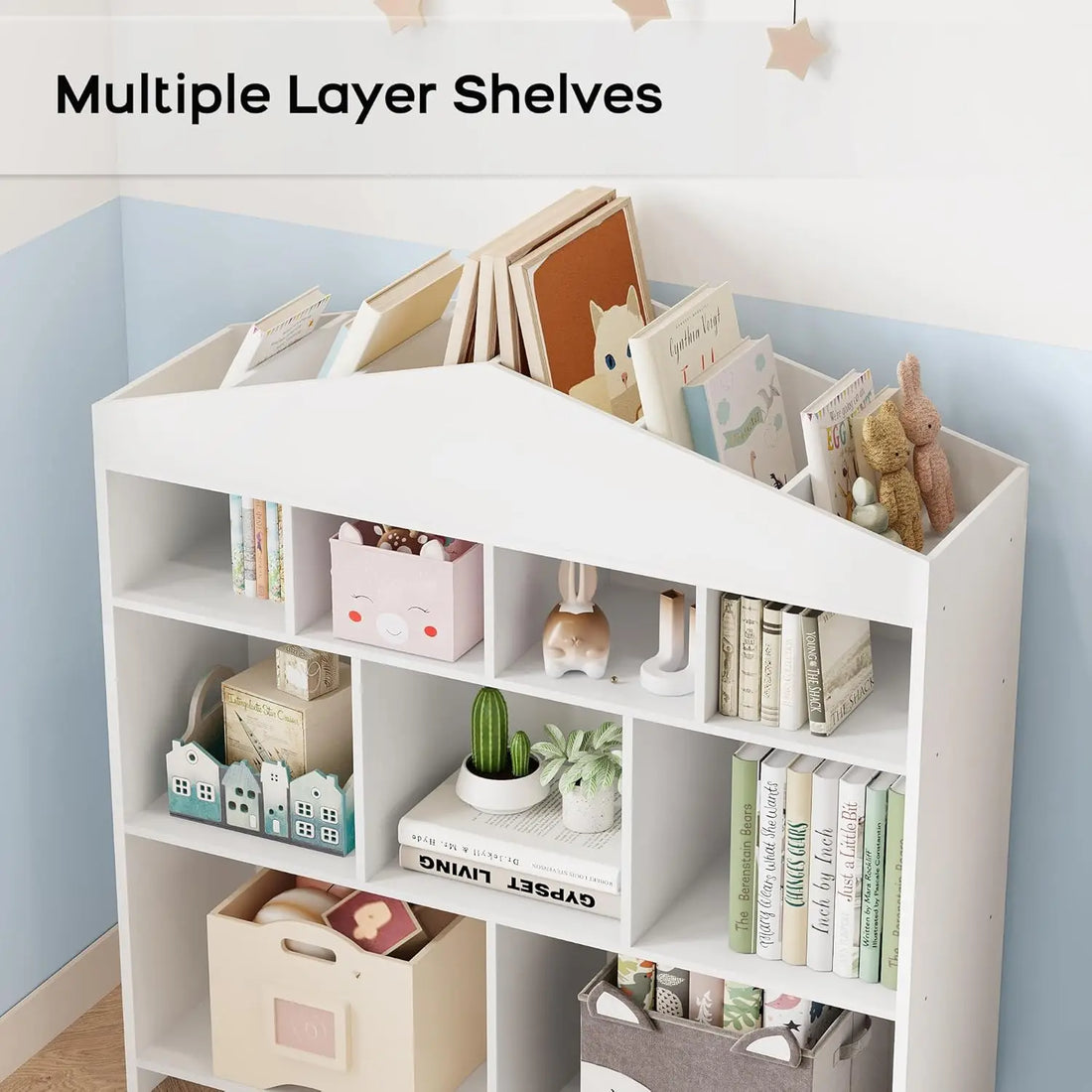 Toy Storage Organizer 9-Cubby Kids Bookshelf 40.7in Width White Bookcase Toddlers Playhouse Cabinet Shelf for Boys Girls