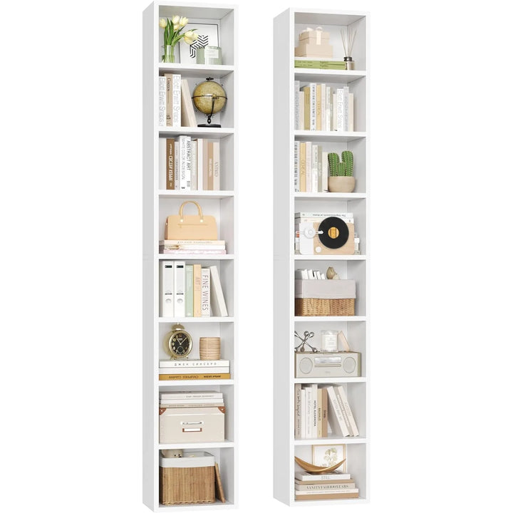 2 Pcs 71'' Tall Narrow Bookshelf, 8-Tier Media Tower Rack Set of 2, CD DVD Storage Cabinet with Adjustable Shelves, Tall Narrow