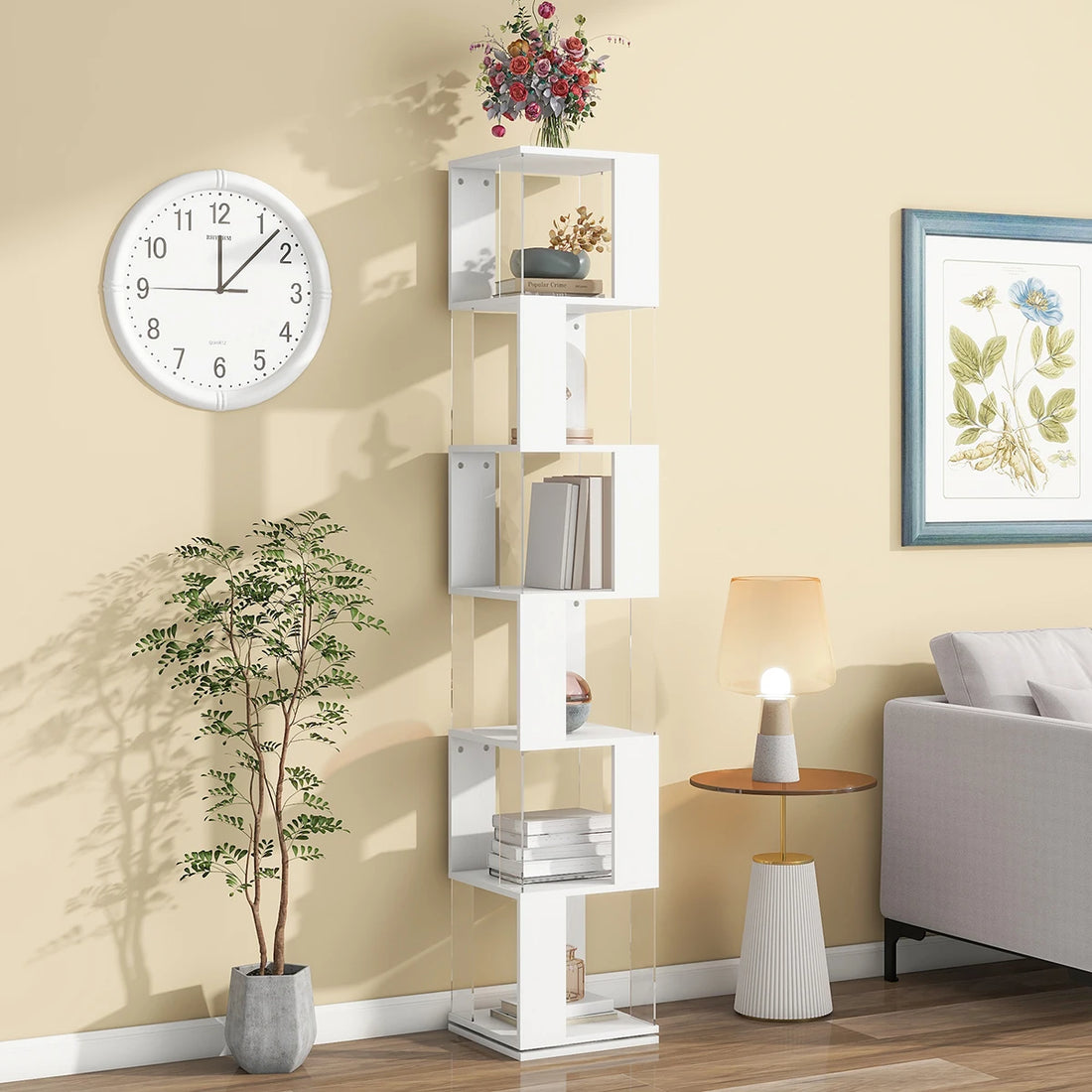 360° Rotating 5-Tier/6-Tier Bookshelf Tower, Floor Standing Wood Narrow Organizer Bookcase For Bedroom Living Room Study Room