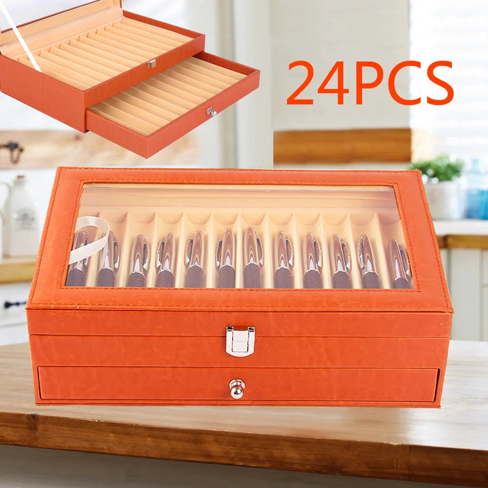 24/36 Fountain Pen Display Case Holder Leather Storage Collector Organizer Box Slot