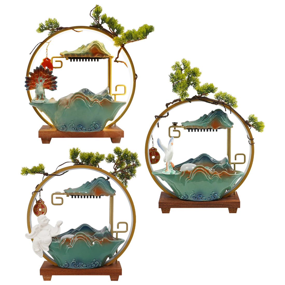 Tabletop Ceramics Water Fountain Indoor lucky Water Fountain with LED Light Rockery Waterfall Fountain with Atomizer