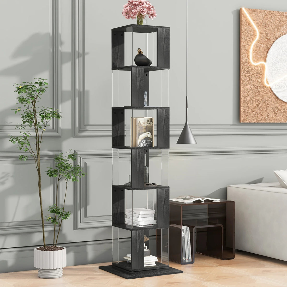 360° Rotating 5-Tier/6-Tier Bookshelf Tower, Floor Standing Wood Narrow Organizer Bookcase For Bedroom Living Room Study Room