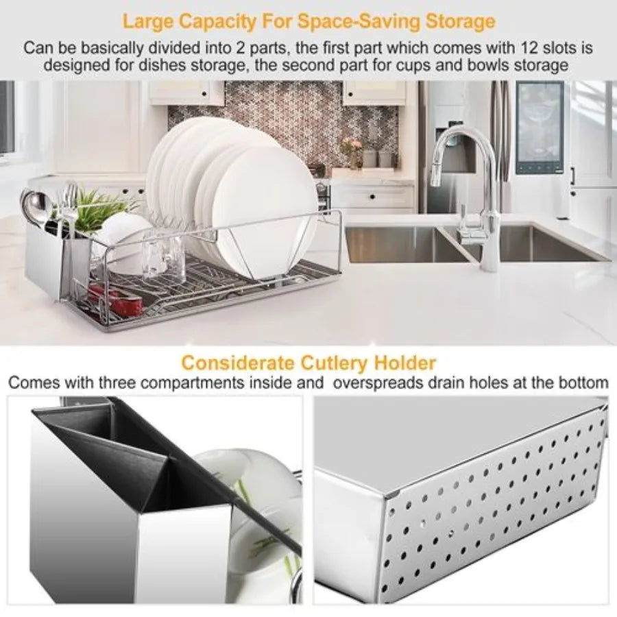 Dish Drying Rack Stainless Steel Dish Rack w Drainboard Cutlery Holder Kitchen Dish Organizer