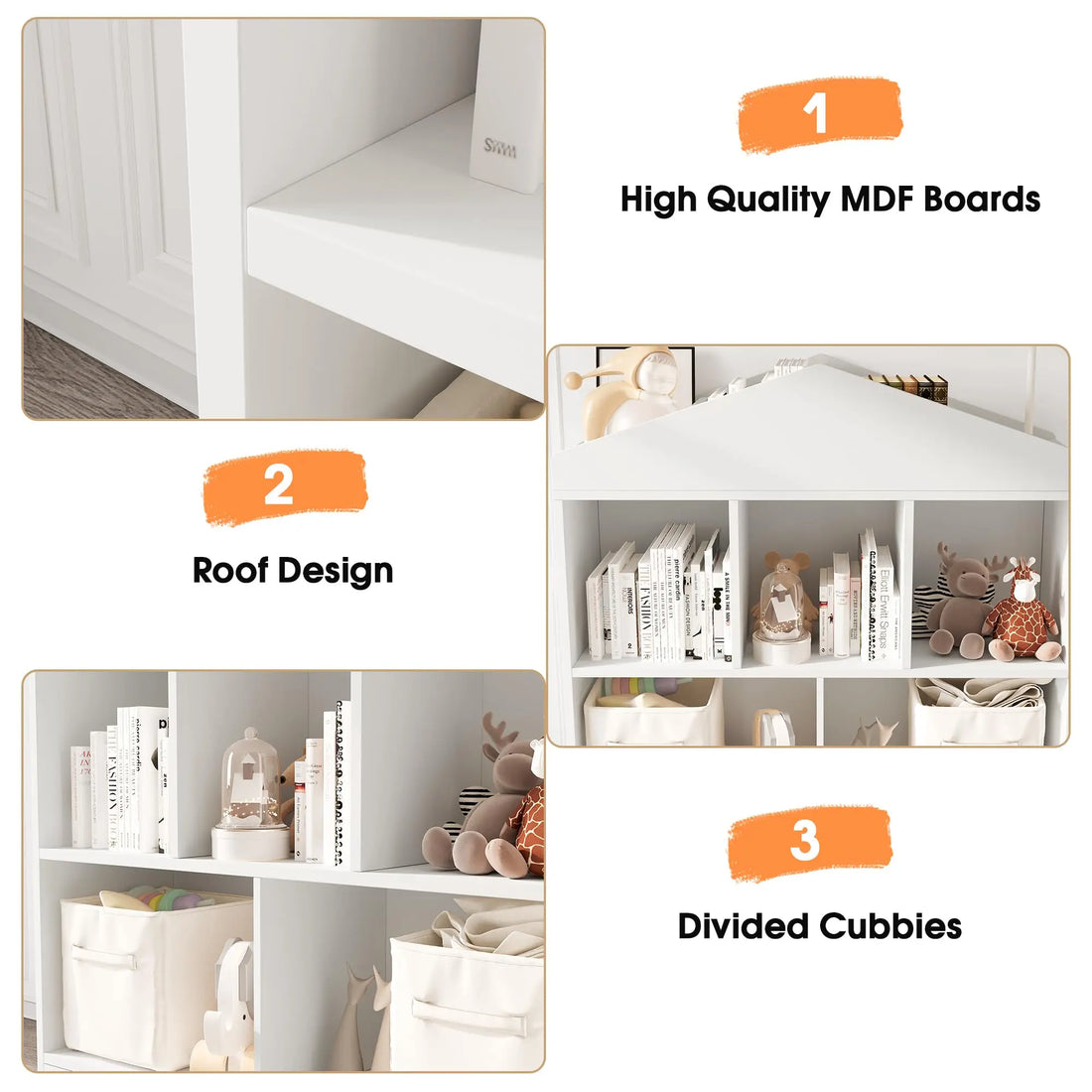Toy Storage Organizer 5-Cubby Kids Bookshelf White Bookcase Toddlers Playhouse Cabinet Shelf for Boys Girls Wooden Cubby Storage