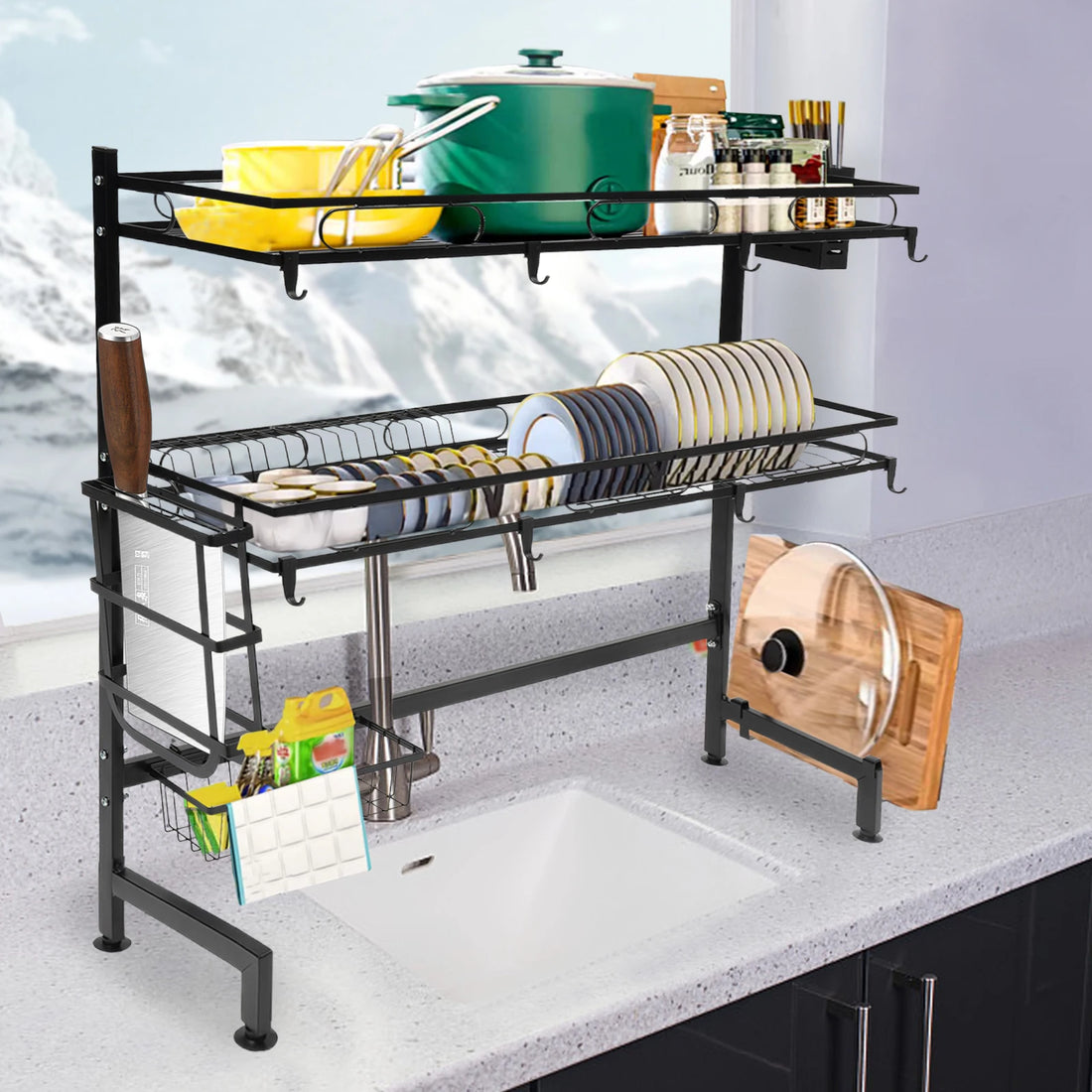 2-Tier Over Sink Dish Drying Rack Wear-Resistant Cutlery Drainer Kitchen Shelf Large Capacity Cup Organizing for Storing Dishes