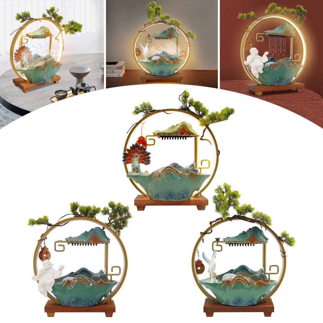 Tabletop Ceramics Water Fountain Indoor lucky Water Fountain with LED Light Rockery Waterfall Fountain with Atomizer