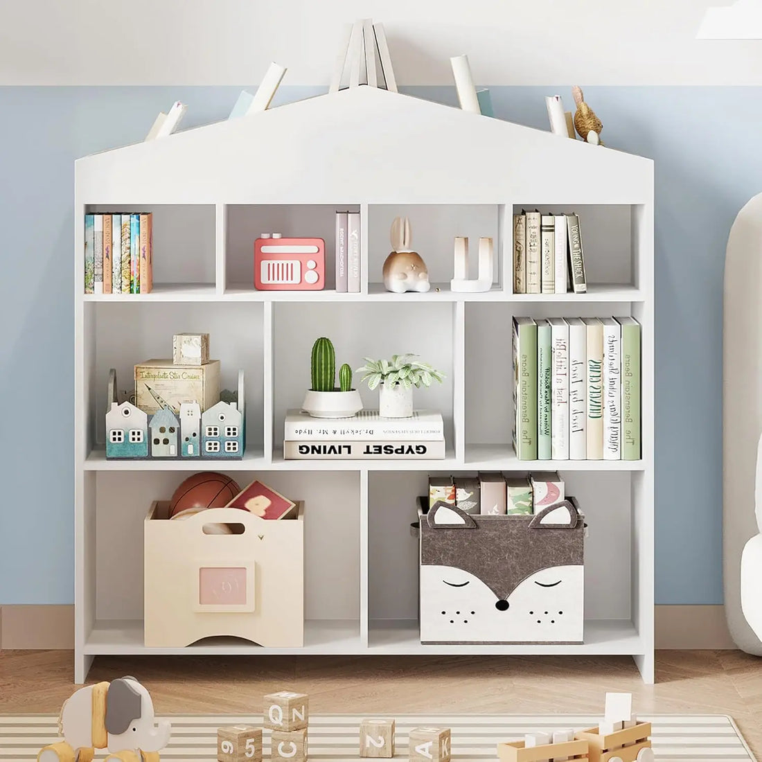 Toy Storage Organizer 9-Cubby Kids Bookshelf 40.7in Width White Bookcase Toddlers Playhouse Cabinet Shelf for Boys Girls