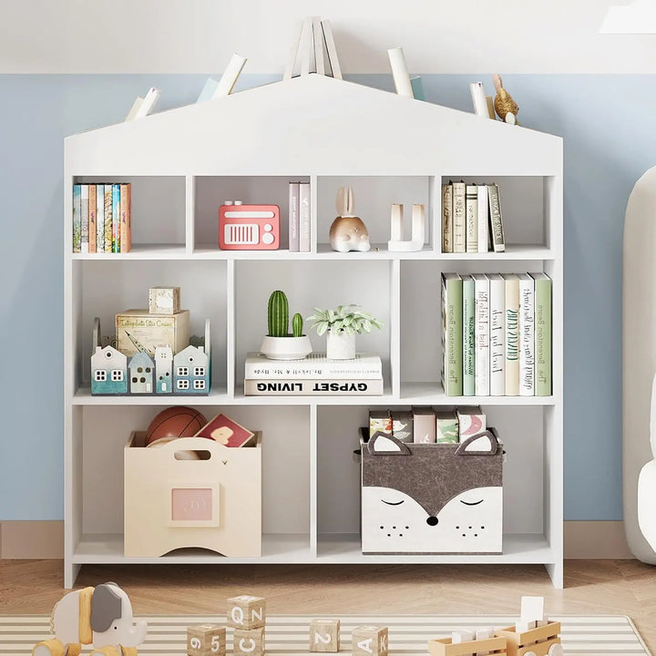 Toy Storage Organizer 9-Cubby Kids Bookshelf 40.7in Width White Bookcase Toddlers Playhouse Cabinet Shelf for Boys Girls