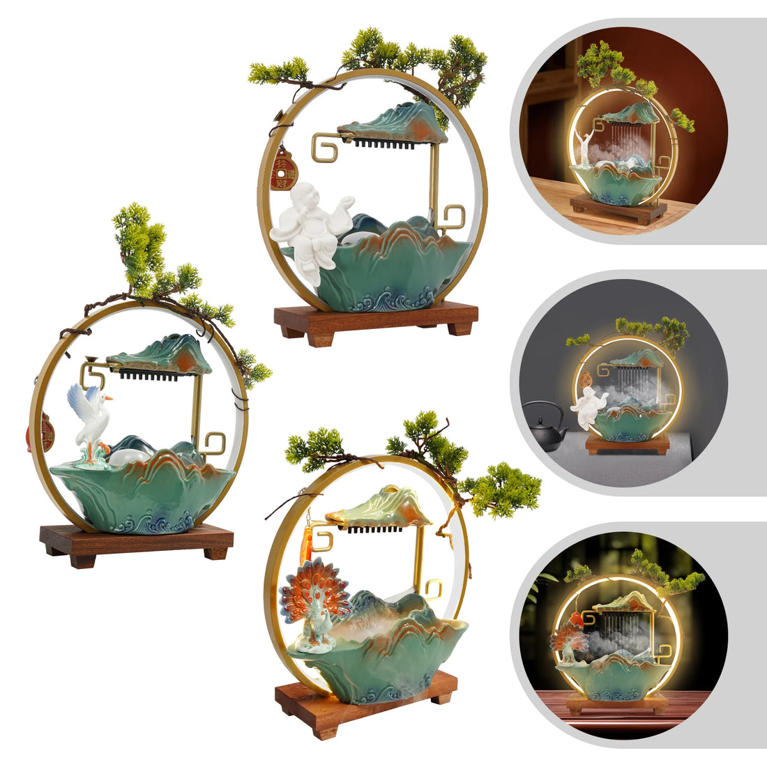 Tabletop Ceramics Water Fountain Indoor lucky Water Fountain with LED Light Rockery Waterfall Fountain with Atomizer