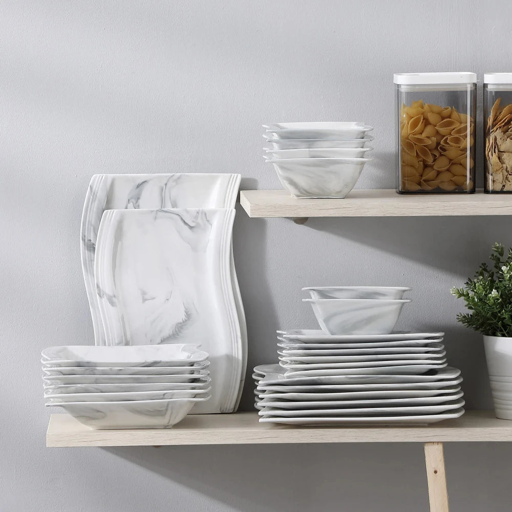 MALACASA FLORA Ceramics Tableware 26PCS Nordic European Marble Gray Porcelain Tableware Set with 6 Bowl Dinner Plate Dessert