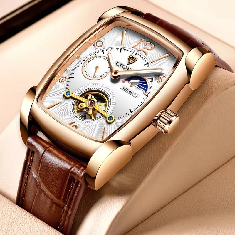 LIGE Top Brand Luxury Mens Watches Square Automatic Watch for Men Tourbillon Clock Genuine Leather Waterproof Mechanical Watch