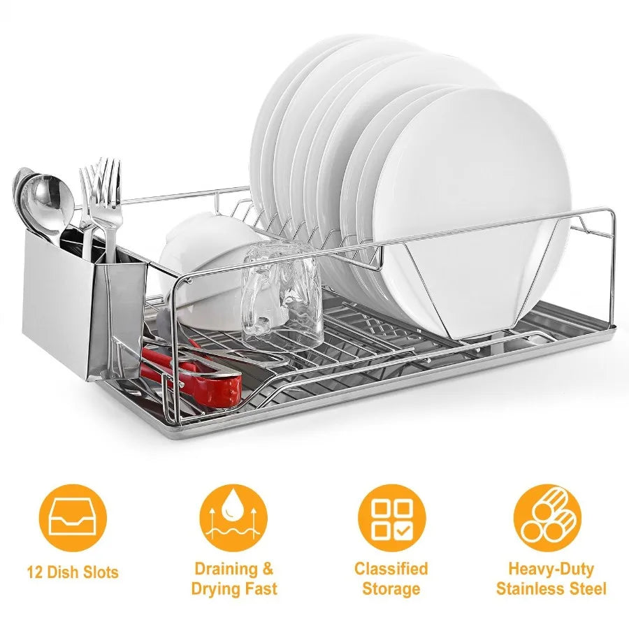 Dish Drying Rack Stainless Steel Dish Rack w Drainboard Cutlery Holder Kitchen Dish Organizer