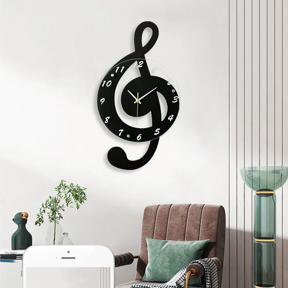 Durable Stylish Musical Note Wall Clock, Silent Non-Ticking, Battery Operated, Modern Black Decor, 9.45In Round, Quartz Movement