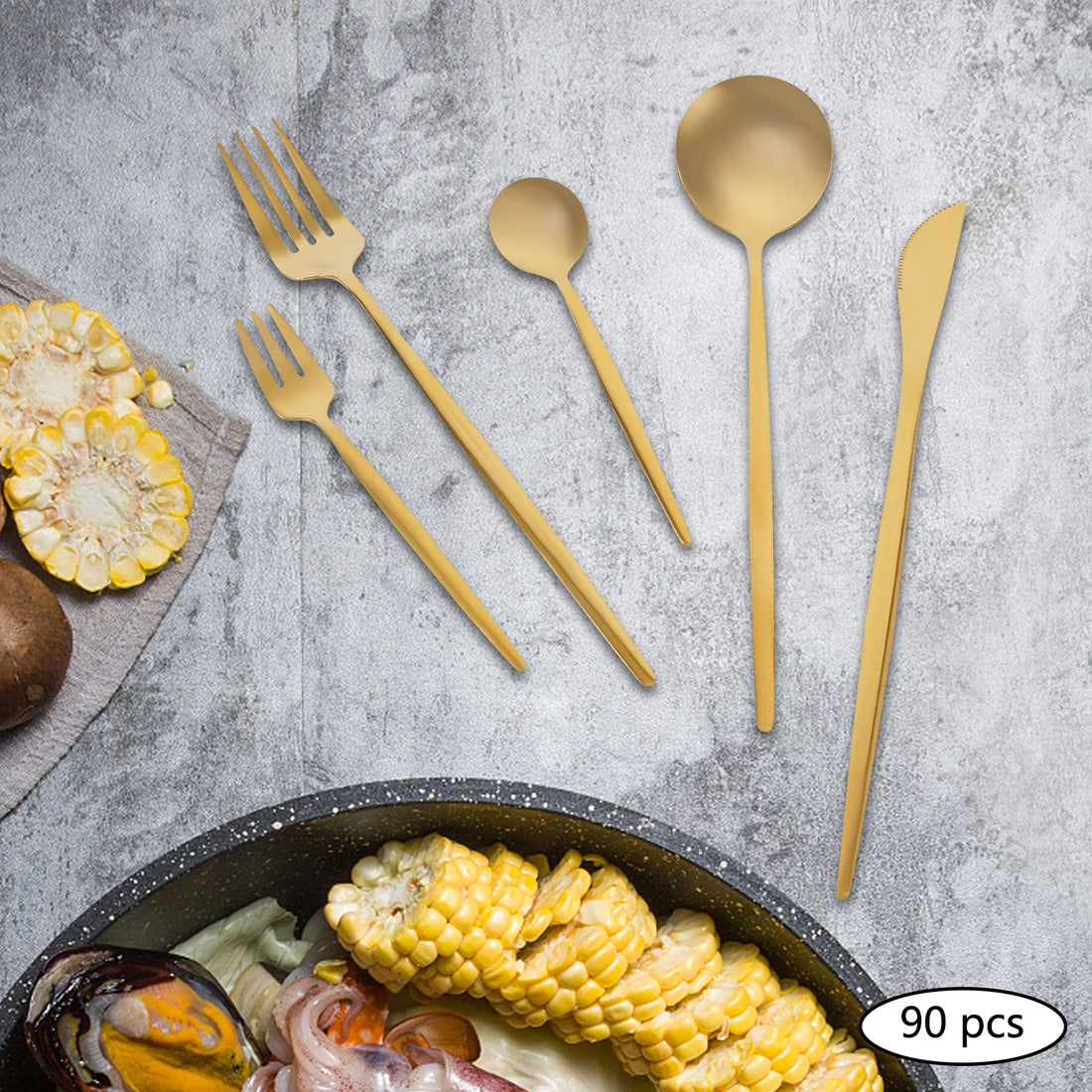 90PCS Stainless Steel Gold Dinnerware Set Flatware Cutlery Set Utensils Set for Home Restaurant