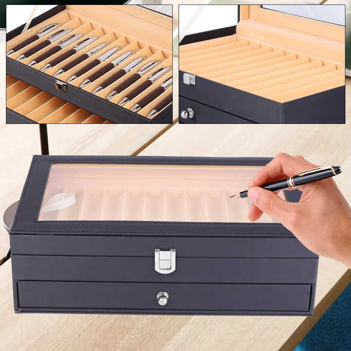 24 Fountain Pen Display Case Holder Leather Storage Collector Organizer Box