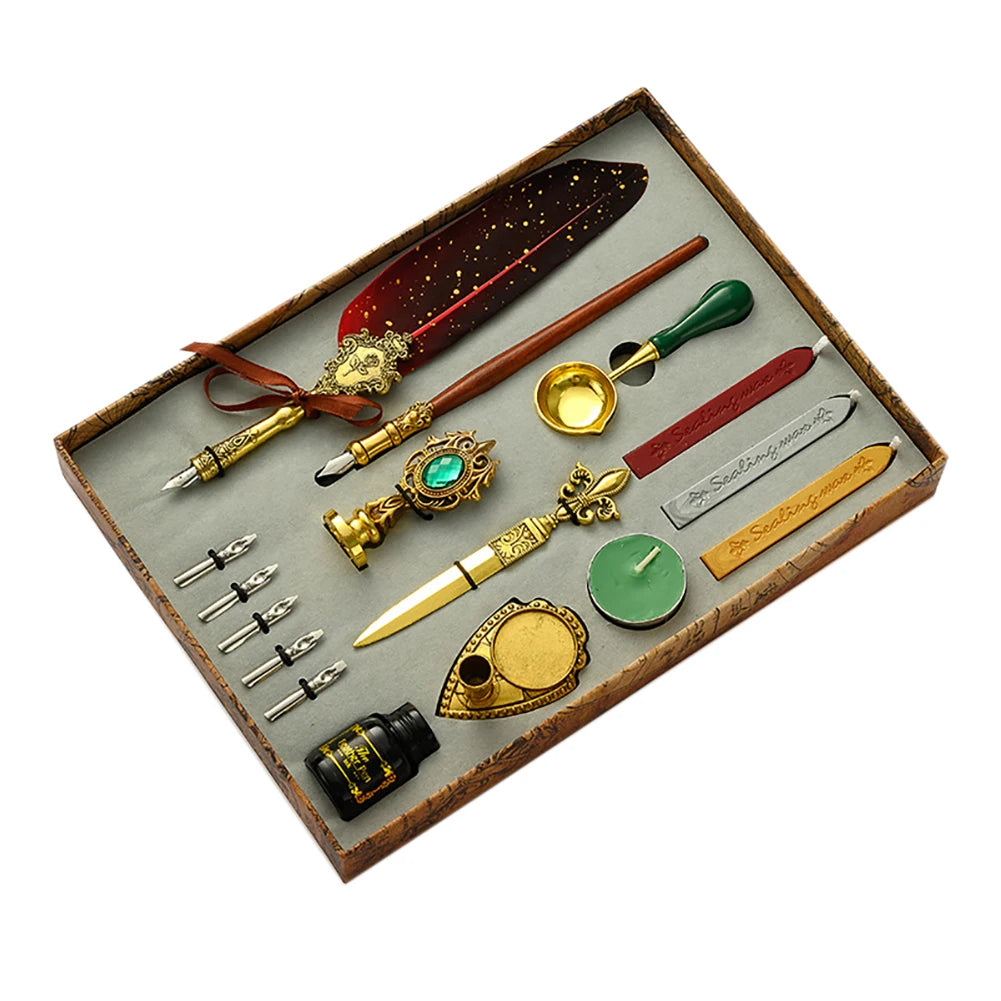 Retro Feather Pen Writing Ink Set Creative Exquisite Feather Dip Fountain Pen Sets Art Supplies Crafts Gifts for Student DIY