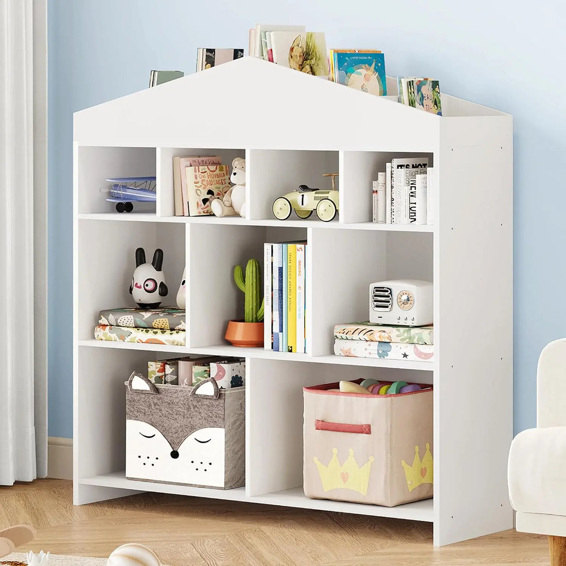 Toy Storage Organizer 9-Cubby Kids Bookshelf 40.7in Width White Bookcase Toddlers Playhouse Cabinet Shelf for Boys Girls