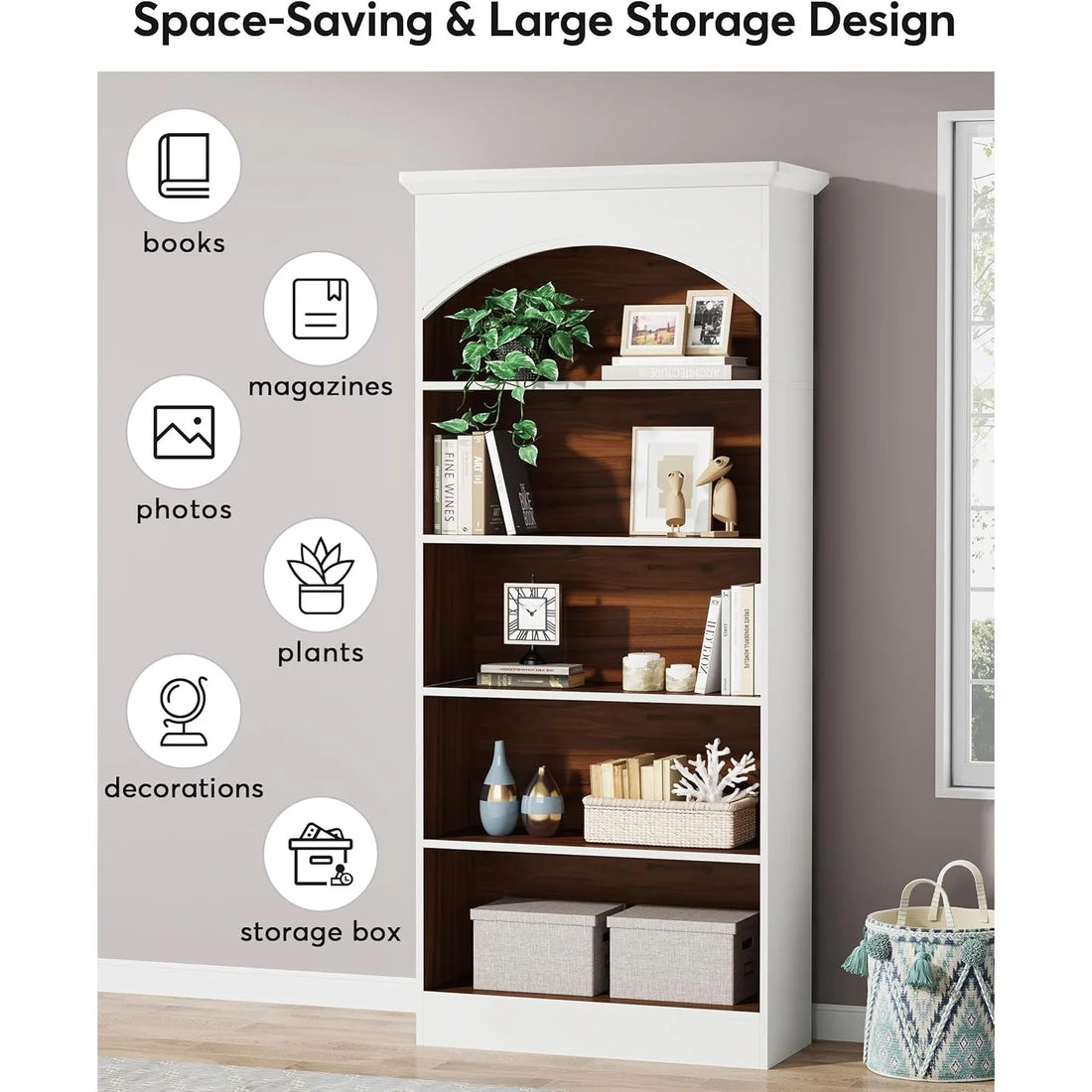 5-Shelf White Bookcase, 70.9'' Tall Bookshelf with Storage Shelves,  Free-Standing Library Book Shelving Unit for Living Room