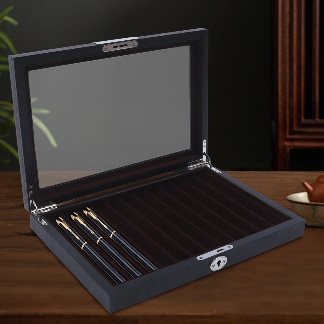 Wood Pen Display Box Luxury Fountain Pen Collector 12 Slot Pen Storage Organizer Case with a Key
