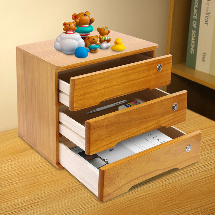 3 Tiers Wooden Desktop Storage Cabinet Desktop Storage Box with 3 Lockable Drawers Desk Organizer for Home/Office
