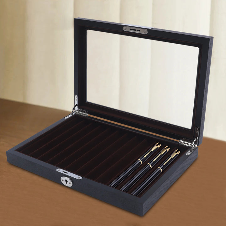 Wood Pen Display Box Luxury Fountain Pen Collector 12 Slot Pen Storage Organizer Case with a Key