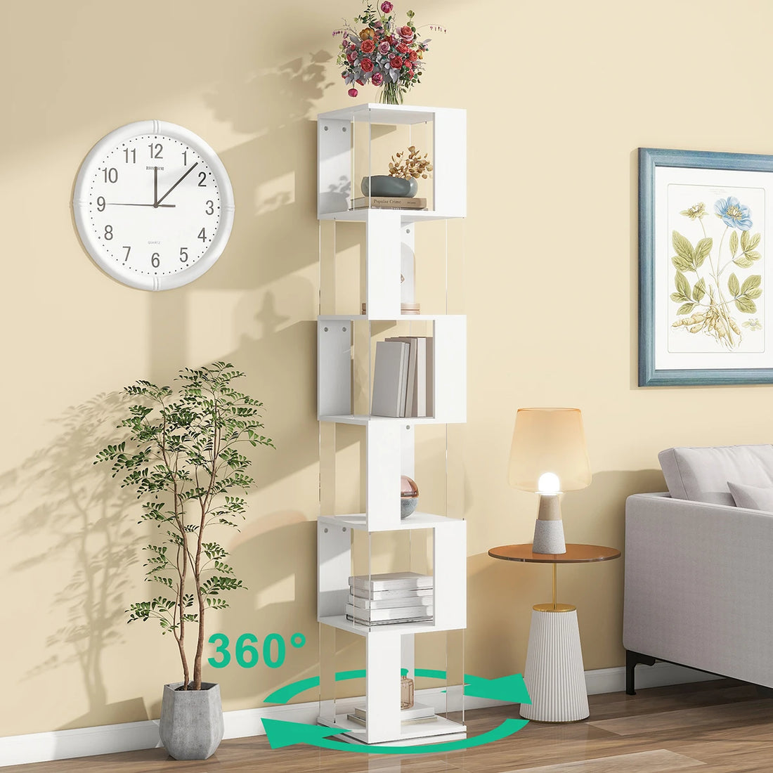 360° Rotating 5-Tier/6-Tier Bookshelf Tower, Floor Standing Wood Narrow Organizer Bookcase For Bedroom Living Room Study Room