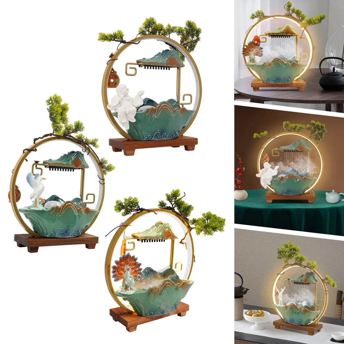 Tabletop Ceramics Water Fountain Indoor lucky Water Fountain with LED Light Rockery Waterfall Fountain with Atomizer