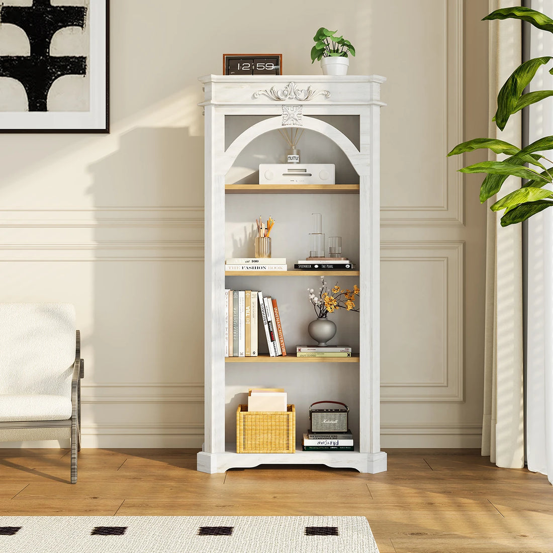 4 Tier Bookshelf 65" Modern Arched Design Book Shelf Freestanding Wooden Open Shelf Bookcase Cabinet For Living Room Home Office