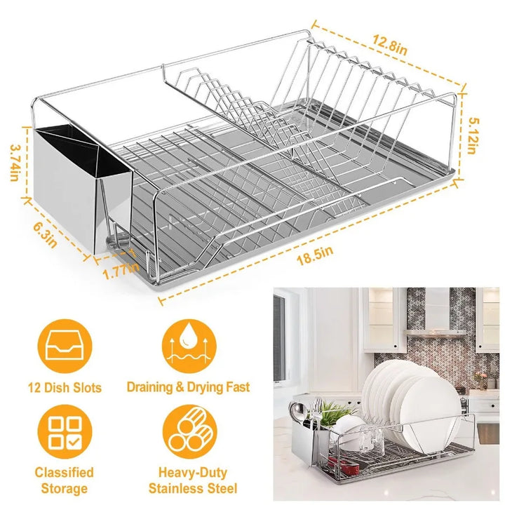 Dish Drying Rack Stainless Steel Dish Rack w Drainboard Cutlery Holder Kitchen Dish Organizer