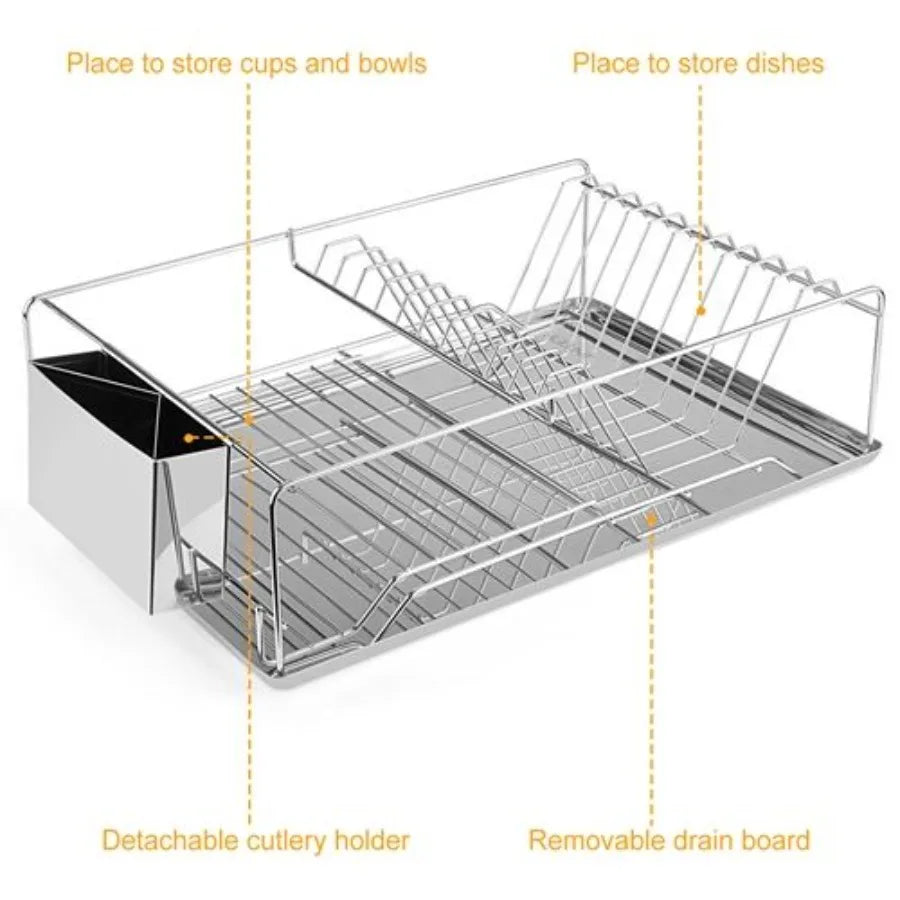 Dish Drying Rack Stainless Steel Dish Rack w Drainboard Cutlery Holder Kitchen Dish Organizer
