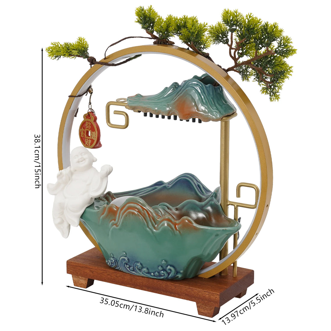 Tabletop Ceramics Water Fountain Indoor lucky Water Fountain with LED Light Rockery Waterfall Fountain with Atomizer