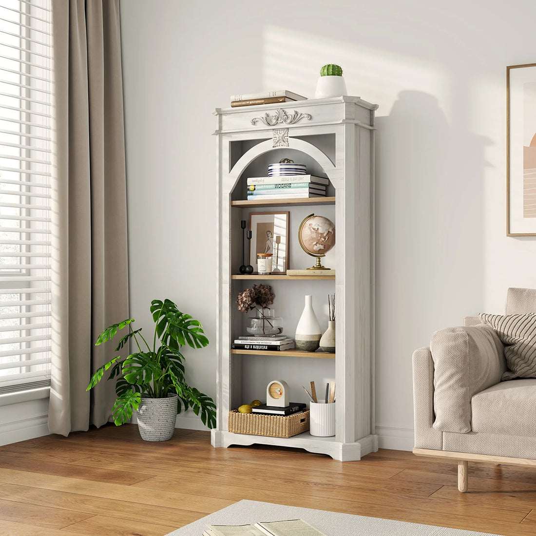 4 Tier Bookshelf 65" Modern Arched Design Book Shelf Freestanding Wooden Open Shelf Bookcase Cabinet For Living Room Home Office