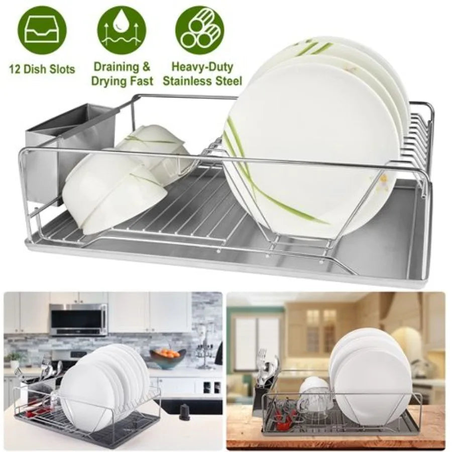 Dish Drying Rack Stainless Steel Dish Rack w Drainboard Cutlery Holder Kitchen Dish Organizer