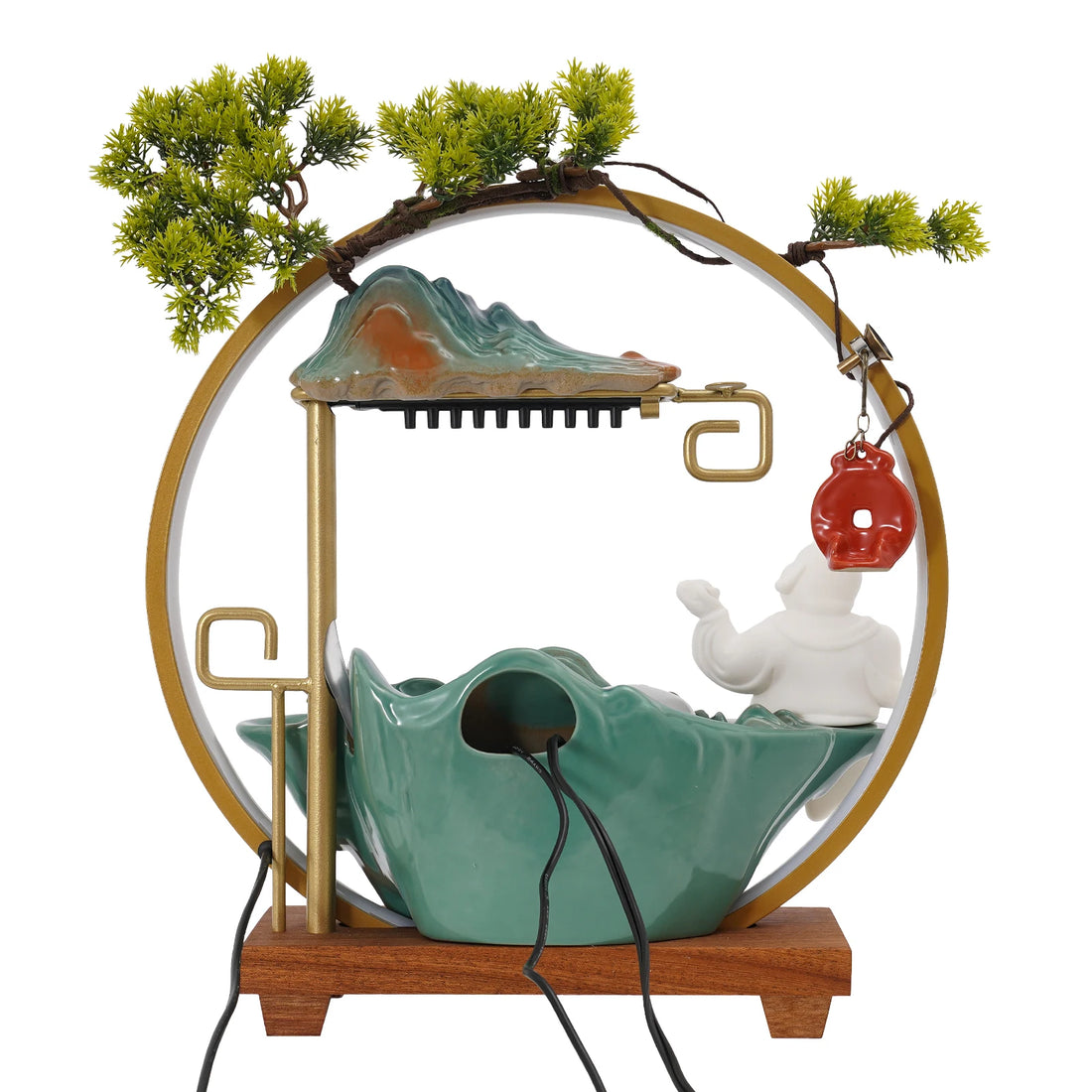 Tabletop Ceramics Water Fountain Indoor lucky Water Fountain with LED Light Rockery Waterfall Fountain with Atomizer