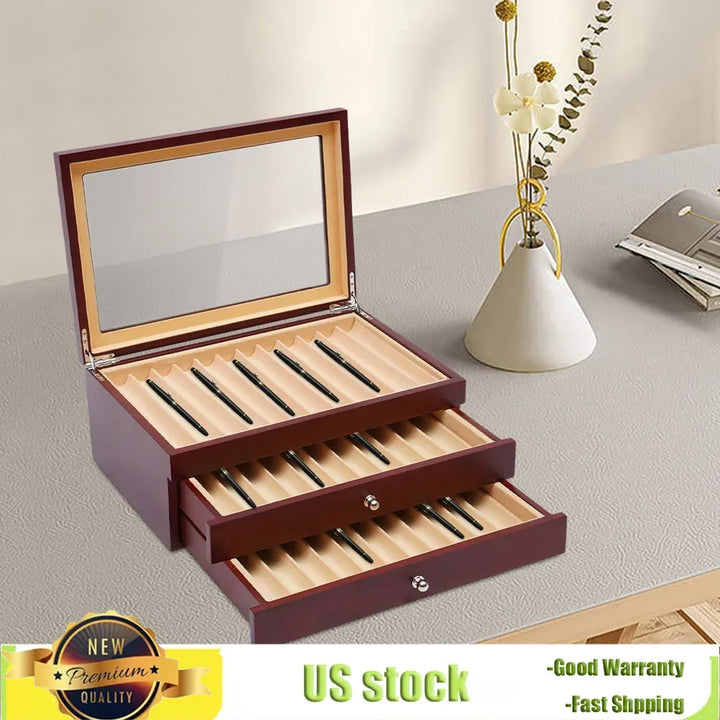 Bymaocar 3 Layers 34 Slots Fountain Pen Display Box Wood Collector High-grade Pu Leather Storage Case Large Capacity Home Decor