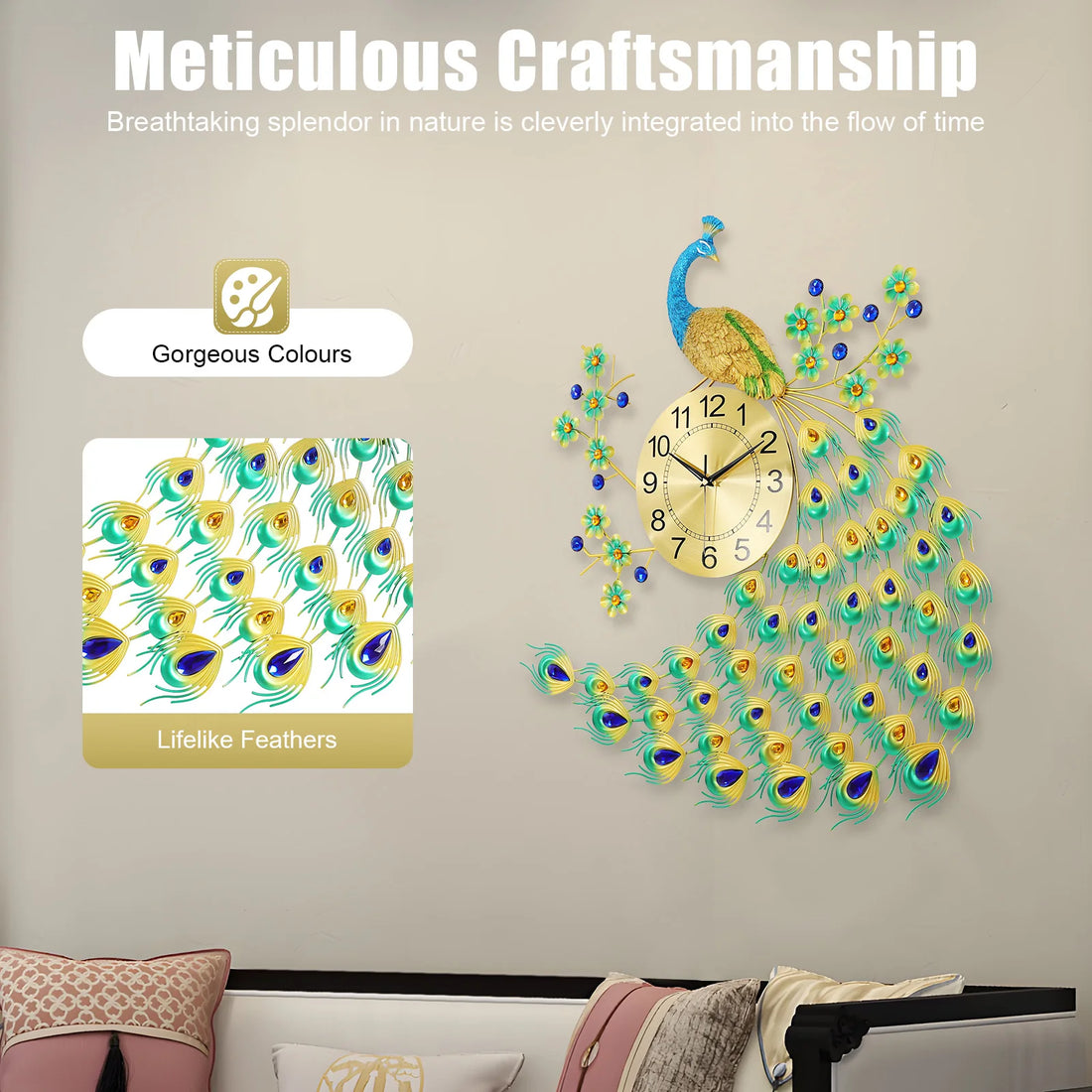 European Peacock Wall Clock - Elegant & Modern Decorative Silent Quartz Clock for Living Room & Office - Brings Luck & Harmony