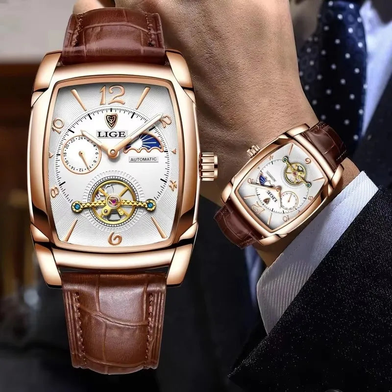 LIGE Top Brand Luxury Mens Watches Square Automatic Watch for Men Tourbillon Clock Genuine Leather Waterproof Mechanical Watch