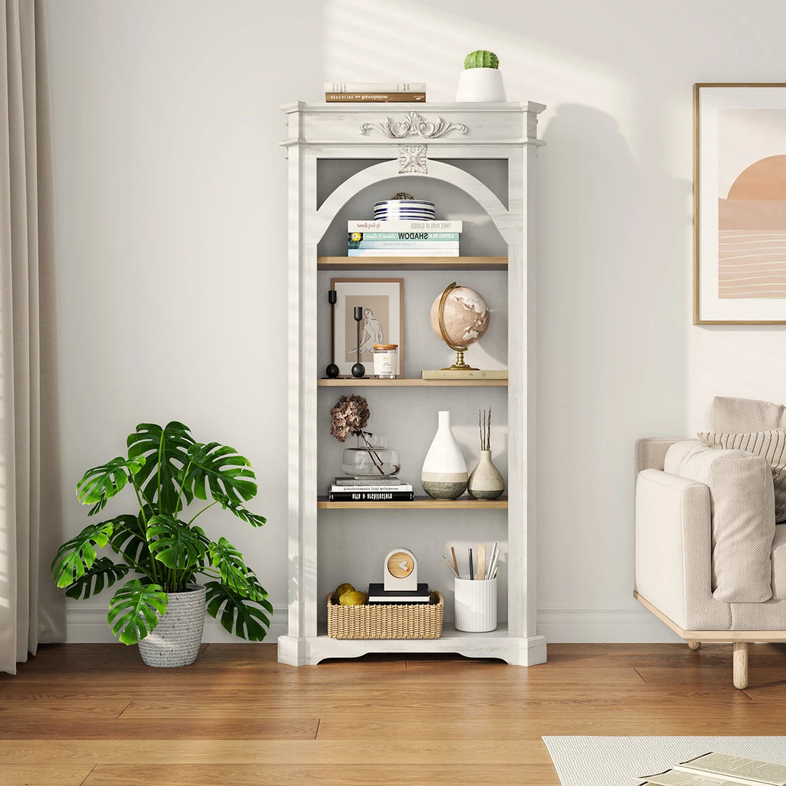 4 Tier Bookshelf 65" Modern Arched Design Book Shelf Freestanding Wooden Open Shelf Bookcase Cabinet For Living Room Home Office