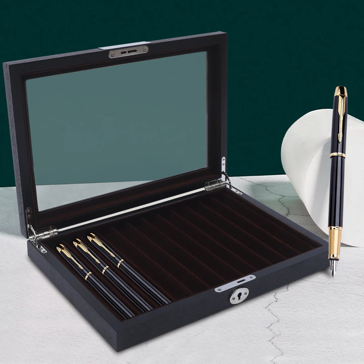 Wood Pen Display Box Luxury Fountain Pen Collector 12 Slot Pen Storage Organizer Case with a Key