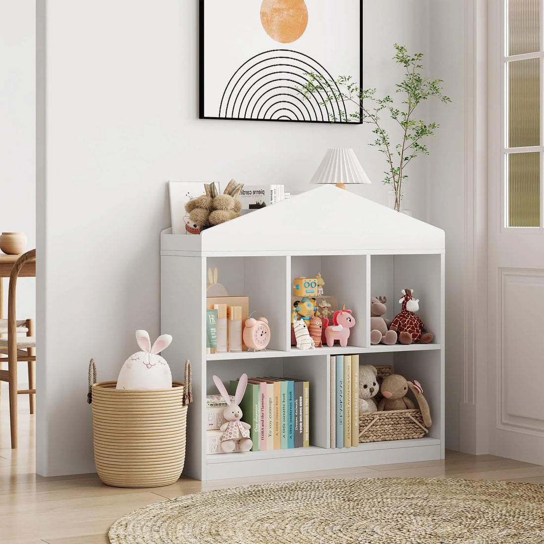 Toy Storage Organizer 5-Cubby Kids Bookshelf White Bookcase Toddlers Playhouse Cabinet Shelf for Boys Girls Wooden Cubby Storage
