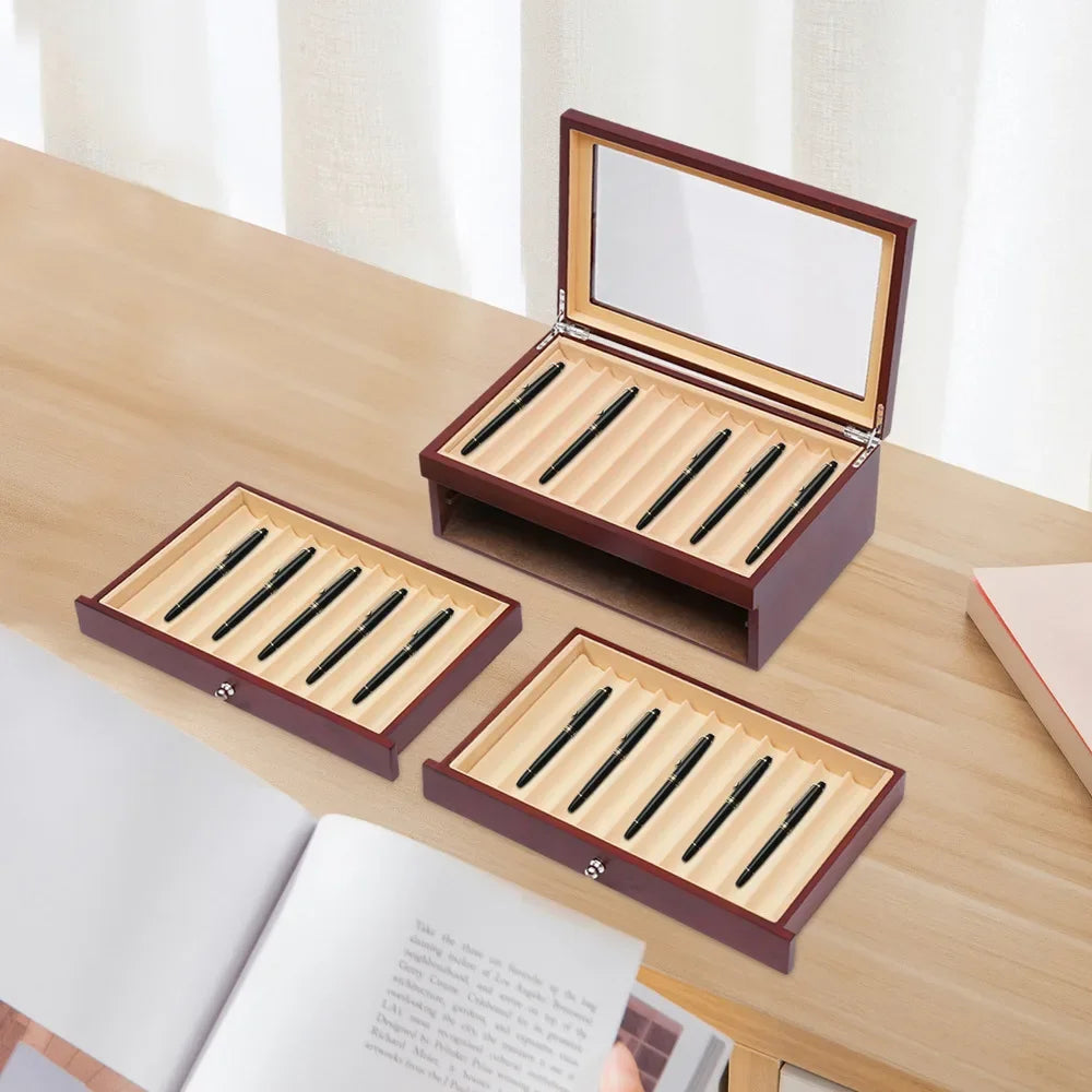 Bymaocar 3 Layers 34 Slots Fountain Pen Display Box Wood Collector High-grade Pu Leather Storage Case Large Capacity Home Decor