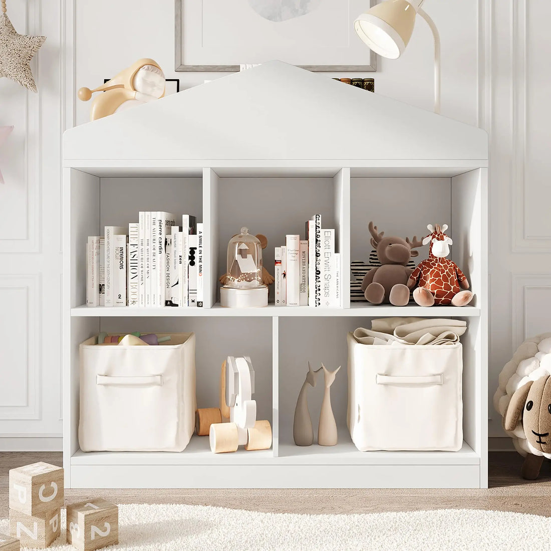 Toy Storage Organizer 5-Cubby Kids Bookshelf White Bookcase Toddlers Playhouse Cabinet Shelf for Boys Girls Wooden Cubby Storage