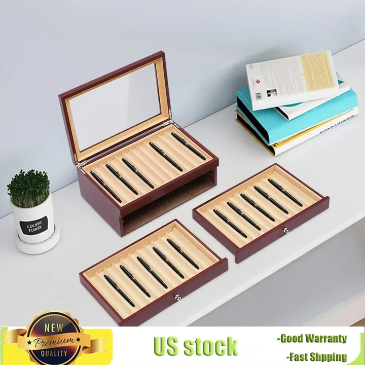 Bymaocar 3 Layers 34 Slots Fountain Pen Display Box Wood Collector High-grade Pu Leather Storage Case Large Capacity Home Decor