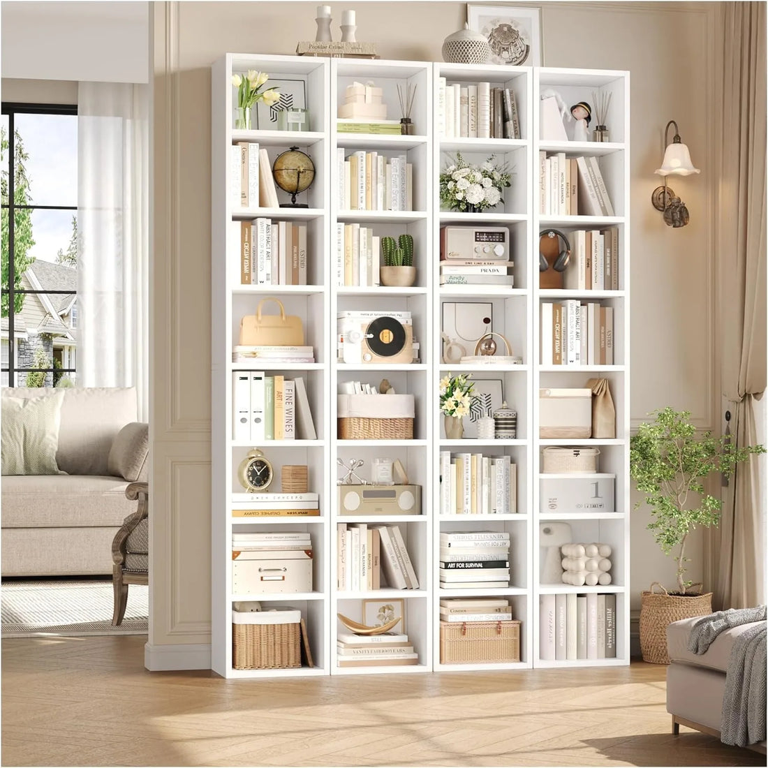 2 Pcs 71'' Tall Narrow Bookshelf, 8-Tier Media Tower Rack Set of 2, CD DVD Storage Cabinet with Adjustable Shelves, Tall Narrow